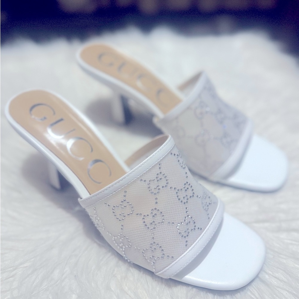 Gucci White and Gray Mesh Mules - Picture 2 of 9